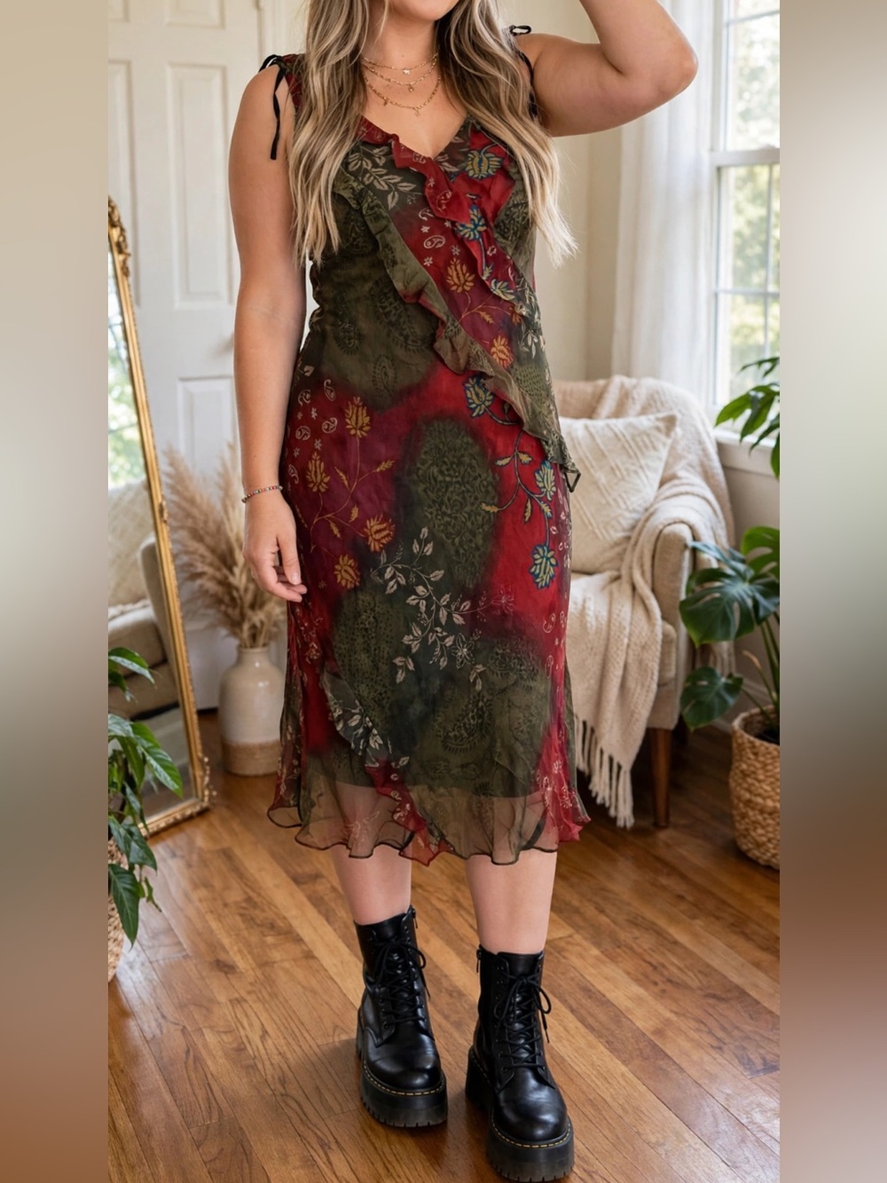 Robbie Bee Red and Olive Floral Midi Slip Dress